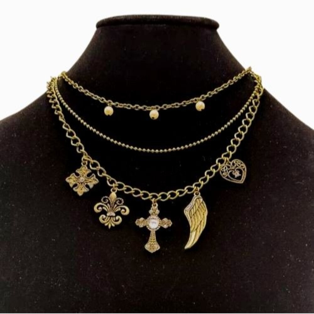NWT Cookie Lee 3-Tiered Multi-Strand Charm Necklace w/Faux Pearls Crystals Glass